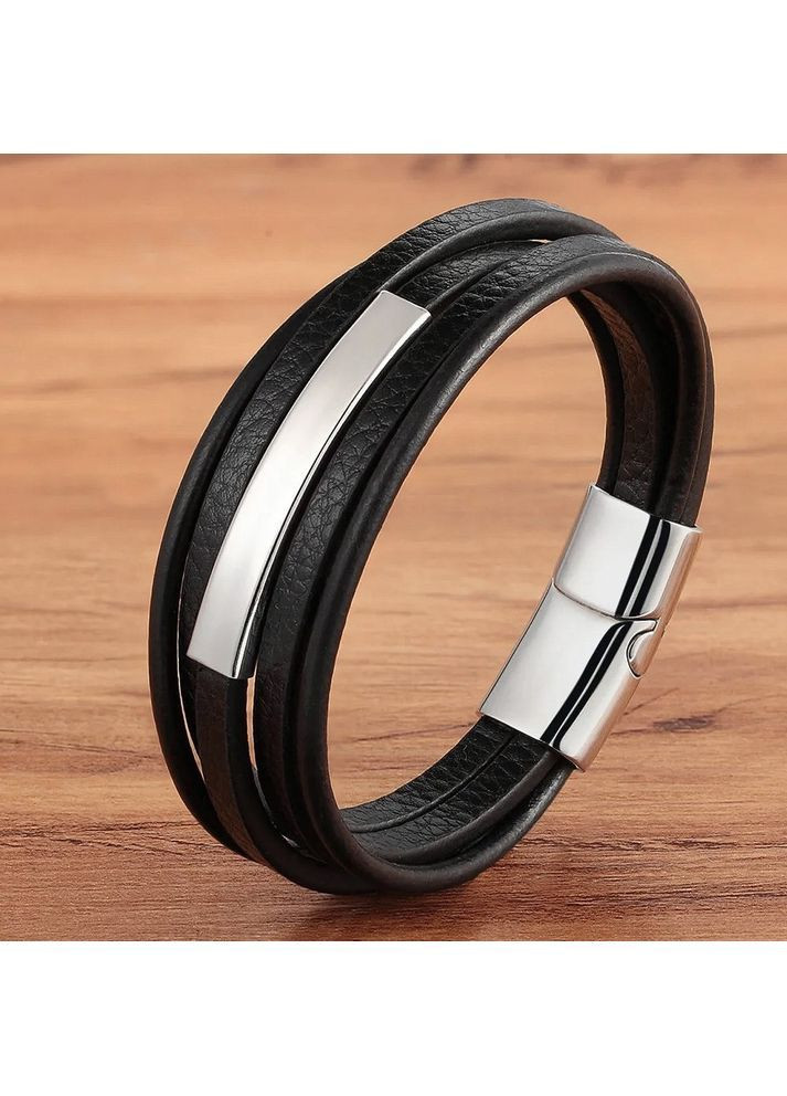 Мужской кожаный браслет плетеный, черный со стальными серебряными вставками. No Brand (362571621)