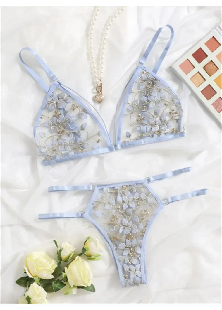 Голубой демисезонный женский сексуальный кружевной набор. женский комплект белья с лифчиком и трусиками с цветочным принтом. черный m No Brand
