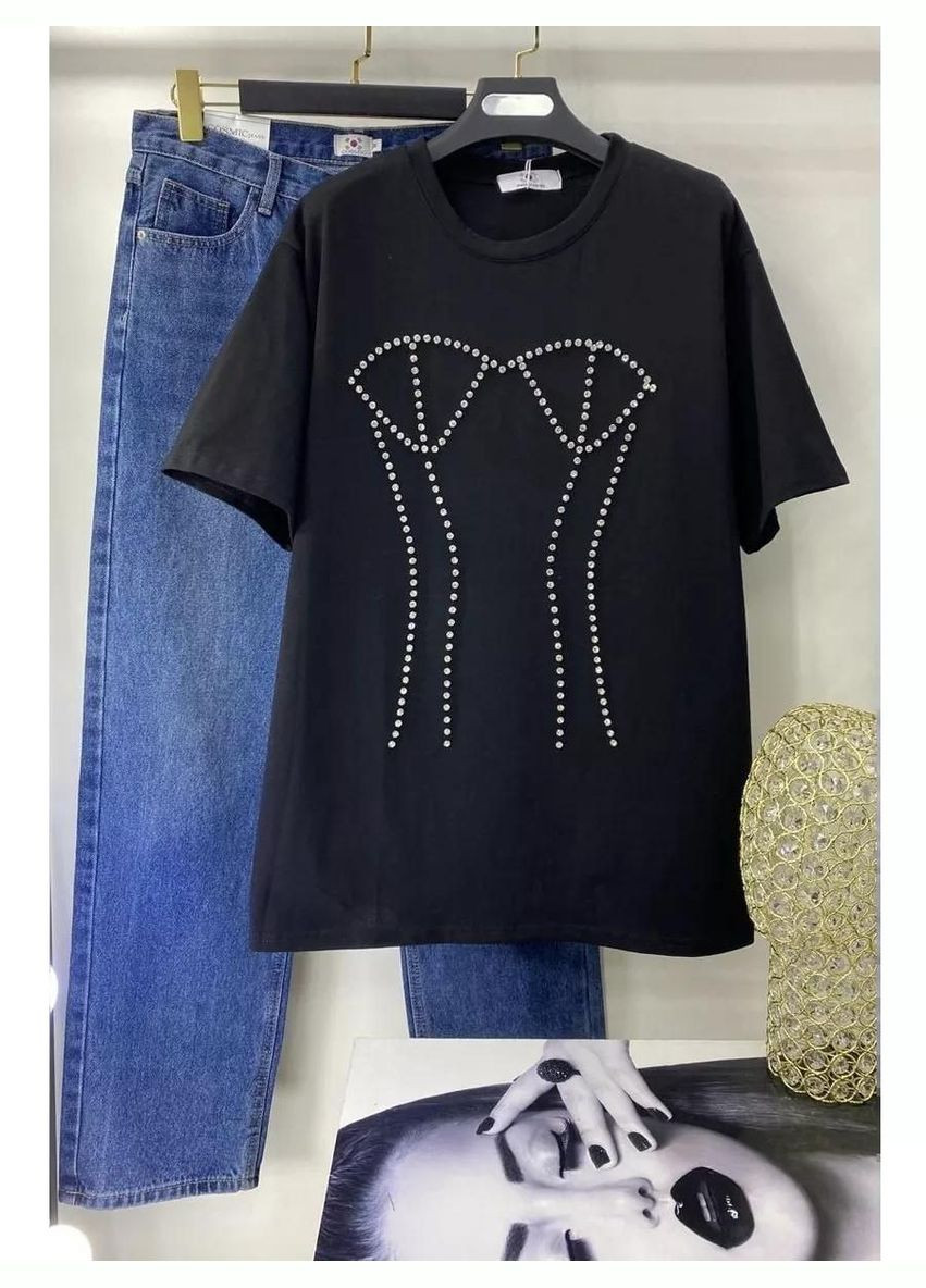 Футболка женская Grace стильная с аппликацией камушков мвлюнок фигуры цвет черный No Brand Футболка Грація - (327890363)