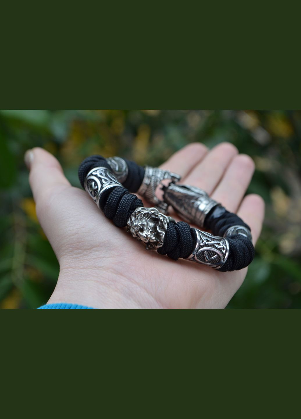 Браслет с Змеей, Львом из белой бронзы и Рунами из нержавеющей стали и из паракорда + брелок в подарок No Brand (341738672)