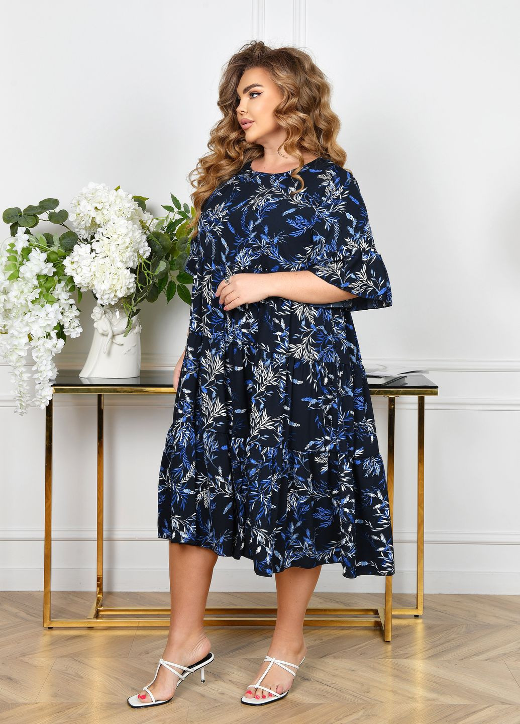 Темно-синя повсякденний, вечірня сукня а-силует з воланом кльош, а-силует No Brand з квітковим принтом
