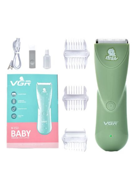 Очень тихая беспроводная машинка для стрижки волос детей V-150 с насадками. Цвет: зеленый VGR (364665519)