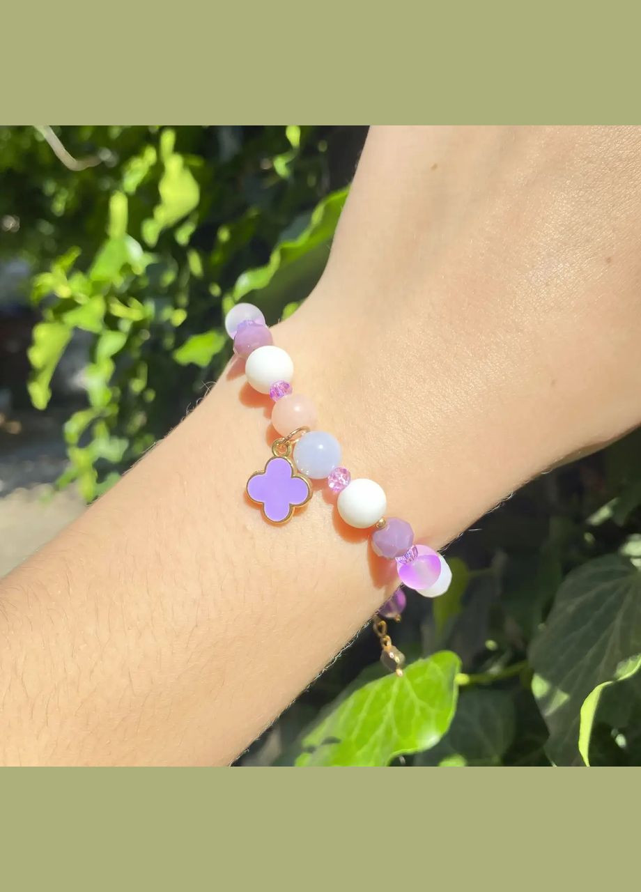 Браслет Конюшина, Опал фіолетовий, Морганіт, Агат, Чеське скло + підвіска, фур-ра кольору золото, d-8мм обхват-17см No Brand браслет (300584582)