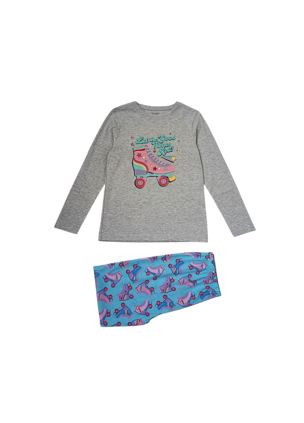 Комбінована всесезон підліткова піжама для дівчинки 146 см сірий з блакитним (0186) лонгслів + брюки Primark