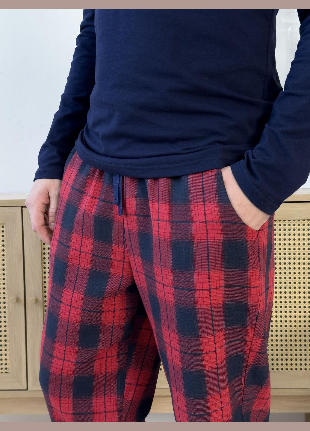 Мужские брюки пижамные с фланели "Глен", клетка красно/темно-синяя Cosy (352769682)