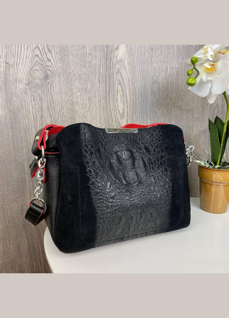 Женская замшевая сумочка на плечо под рептилию с красными вставками No Brand (298997315)