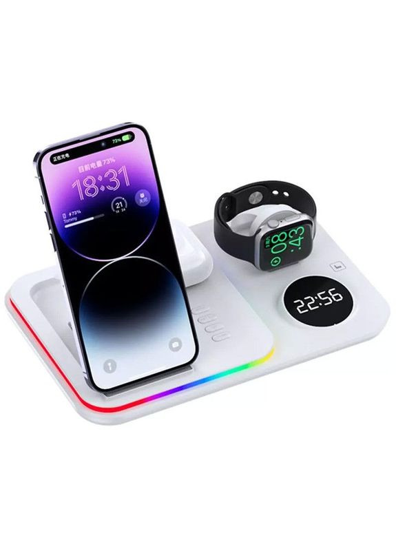 Беспроводное зарядное устройство с часами A82 4in1 Белый Epik (372163675)