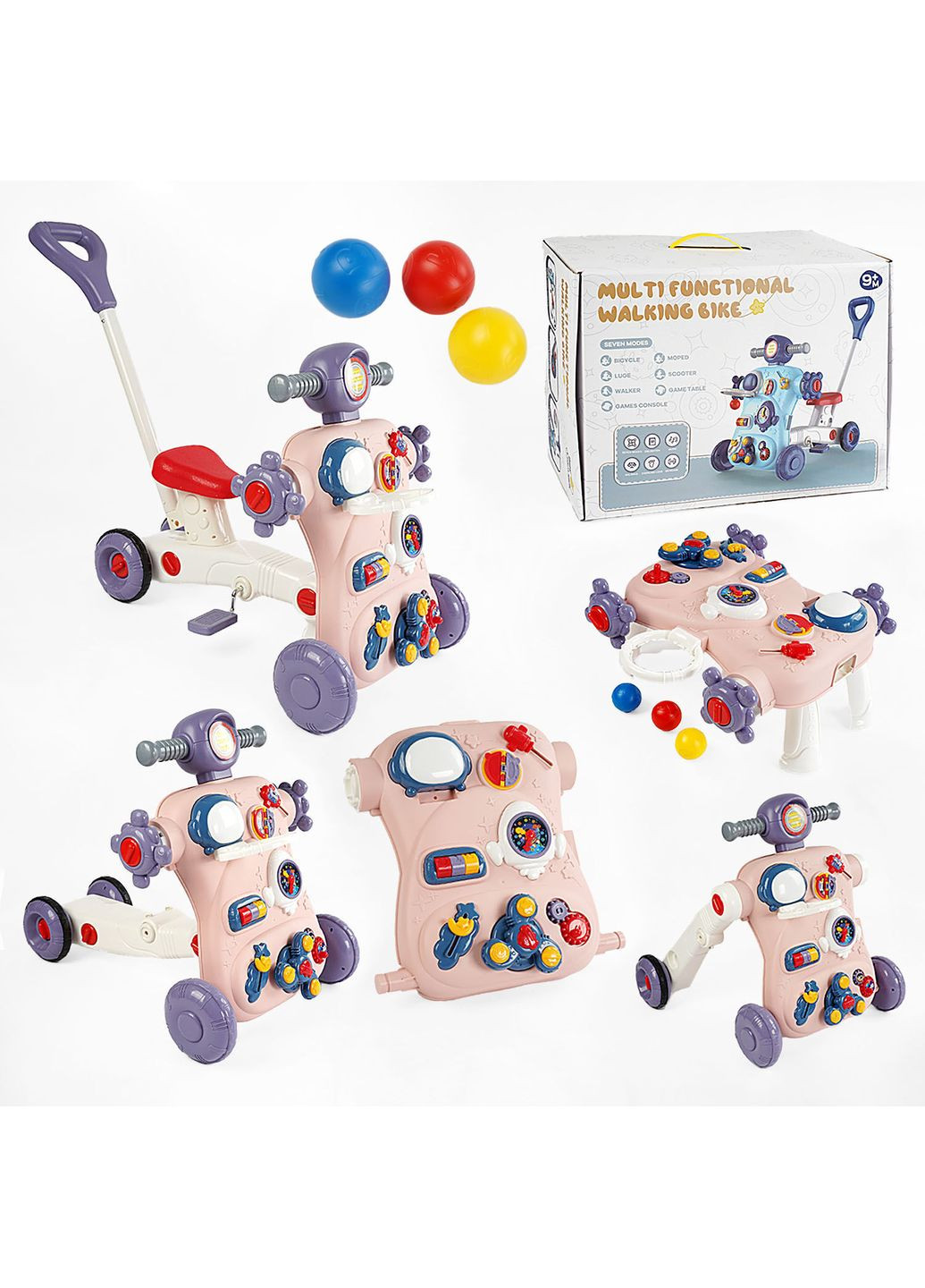 Каталка-ходунки 2 види, 7в1, велобіг, велосипед, батьківська ручка, столик, звук, пальчикові ігри, в коробці Toys 158041 (364506876)