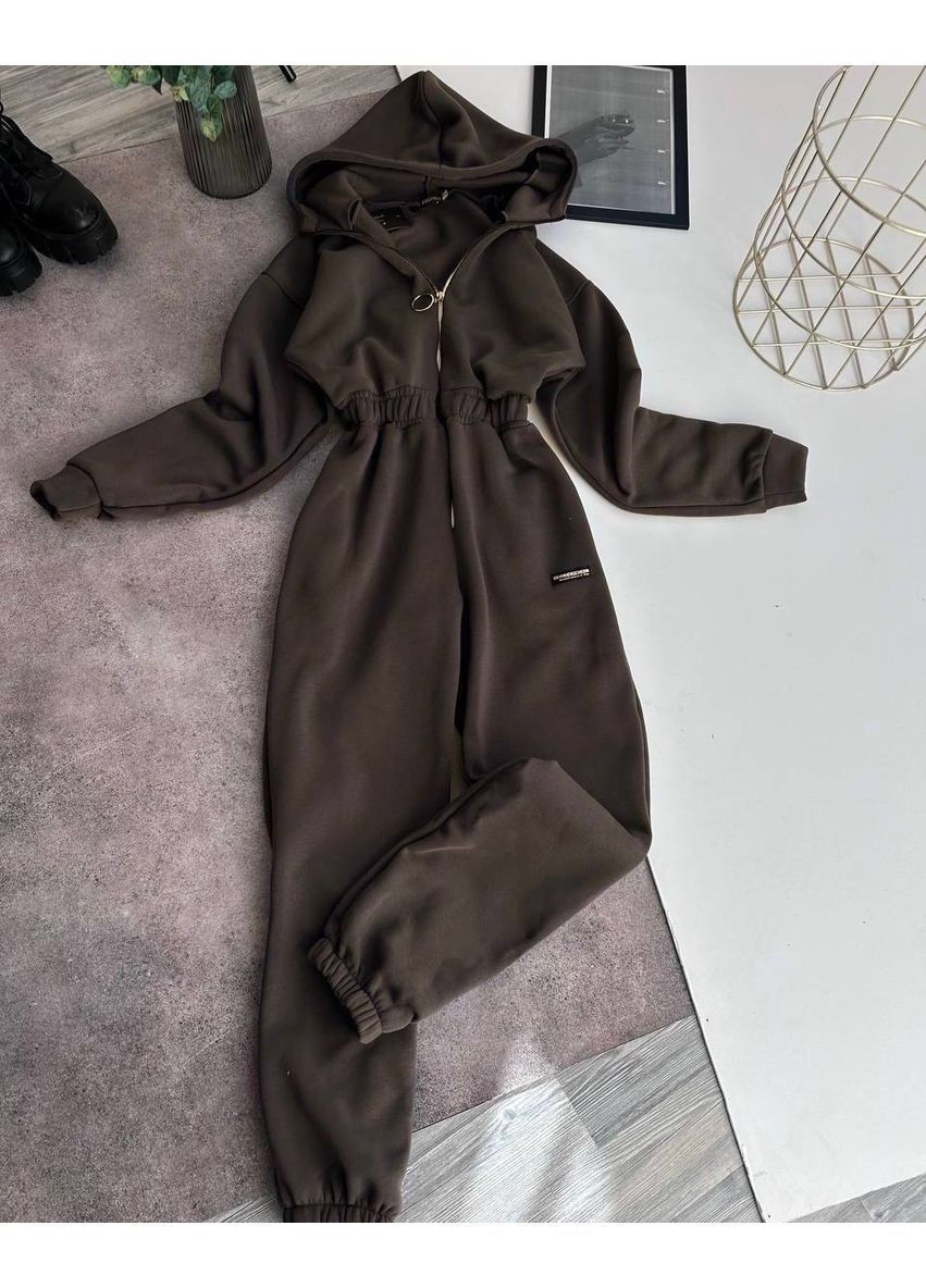 Теплый женский комбинезон с капюшоном и резинкой на талии. No Brand коричневый повседневный, домашний трехнитка с начесом