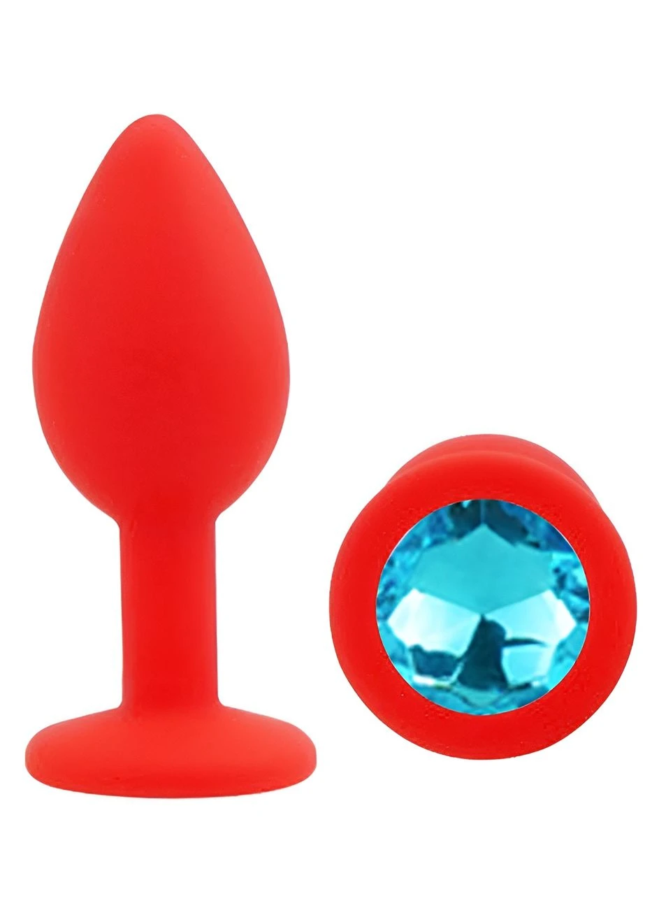 Силіконова червона анальна пробка із блакитним кристалом Silicone Round Plug розмір S Egzo (382840845)