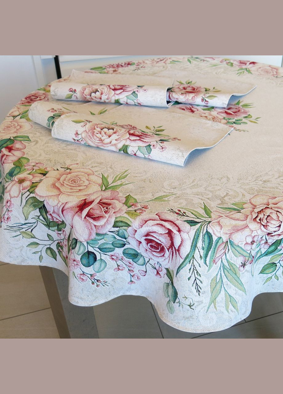 Скатертина гобеленова кругла 138см святкова для круглого столу "Ніжна Троянда" Maystat (305390404)