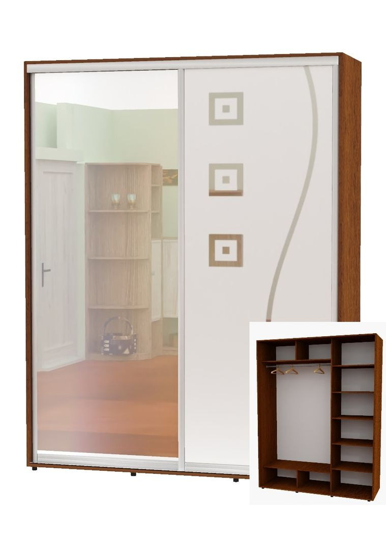 Шкаф-купе двухдверный 180*60*230 Орех лесной Зеркало/Зеркало с пескоструйным рисунком Алекса (360462580)