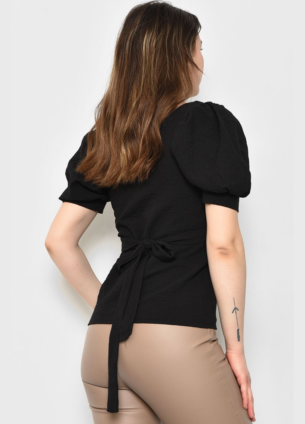 Черная демисезонная блуза женская с коротким рукавом черного цвета с баской Let's Shop