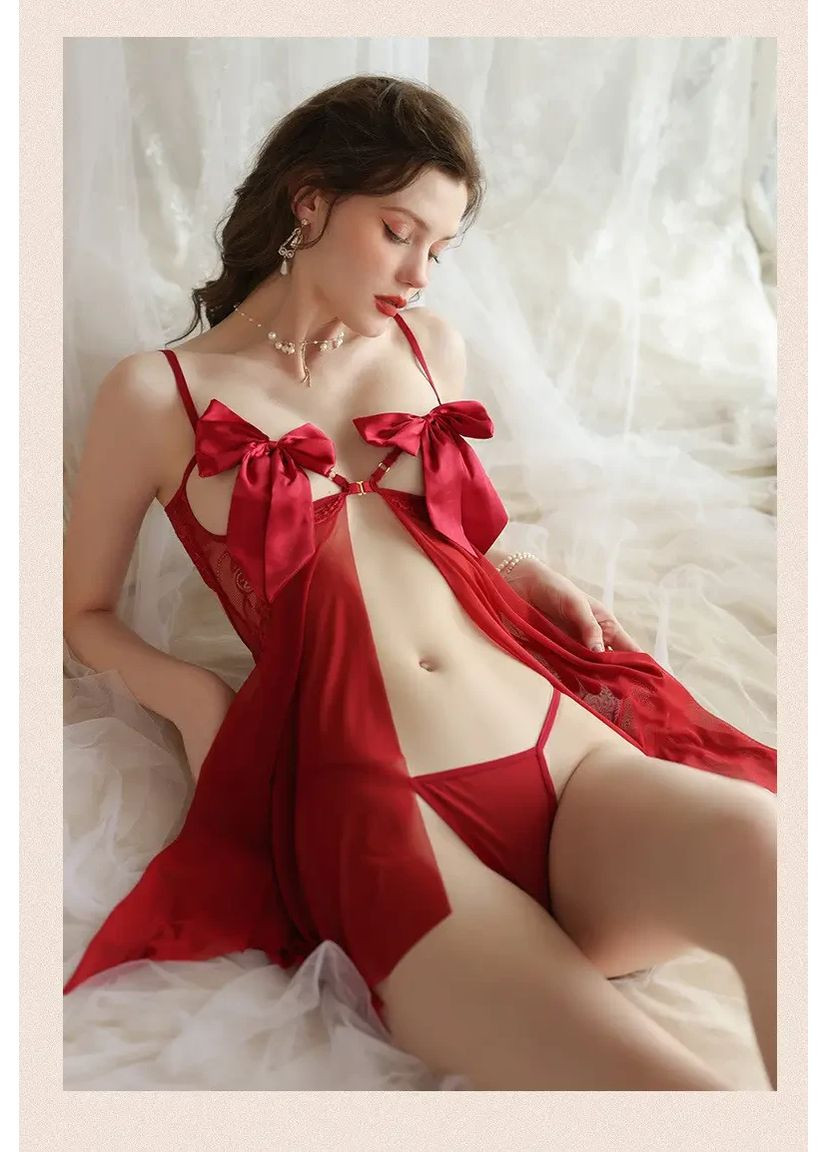 Шикарний мереживний пеньюар з бантами на груді. Мереживний пеньюар прозорий із трусами China (360865443)