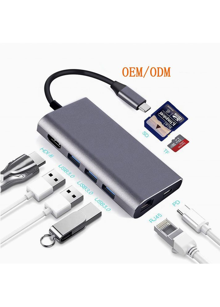 Мультипорт USB Хаб USB Type C HDMI M/F (тато/мама) +RJ45+3xUSB3.0+Cardreader+PD 60W Lucom (370888276)