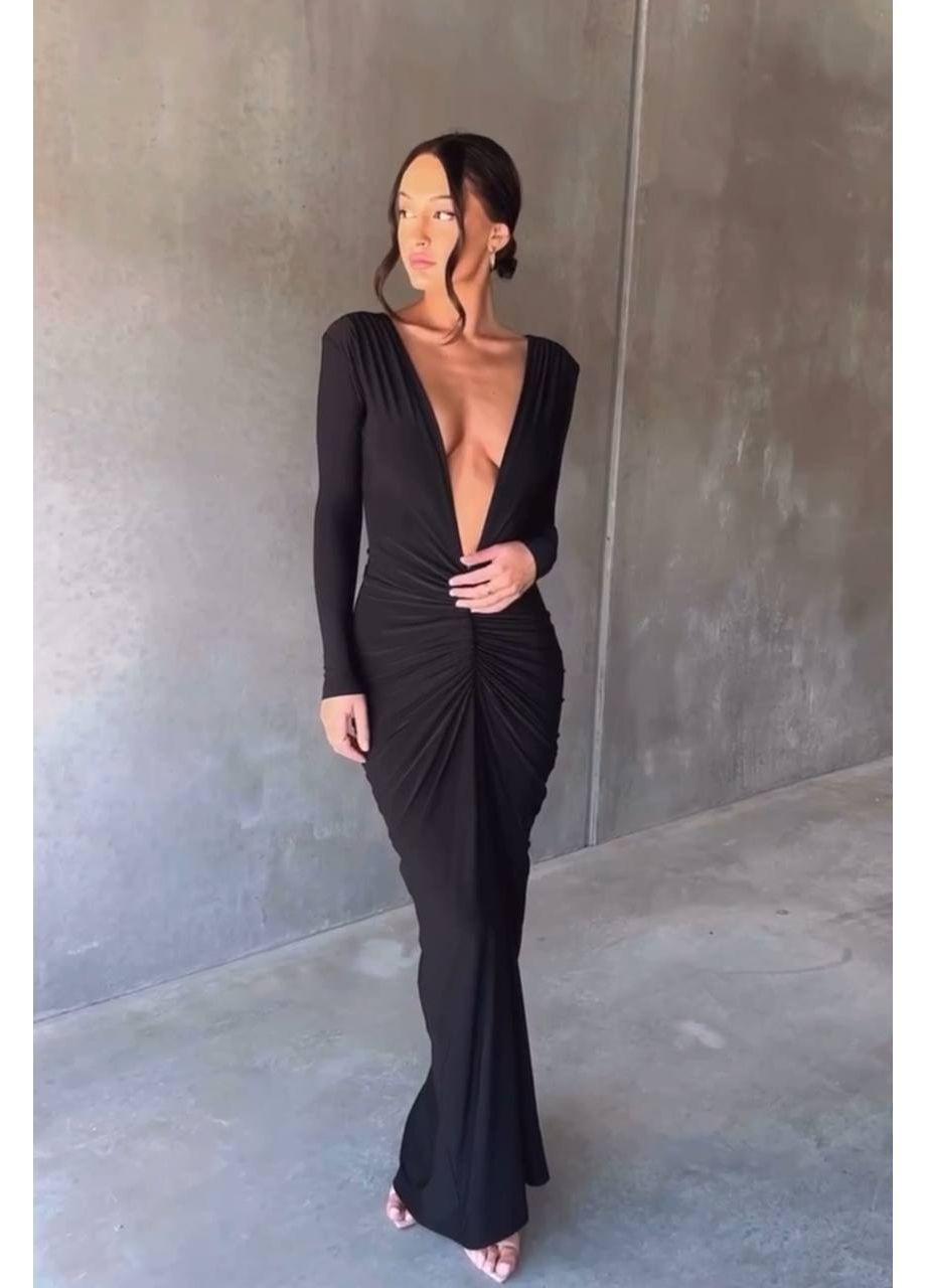 Черное вечернее макси-платье с открытой спиной со шлейфом, с открытой спиной No Brand