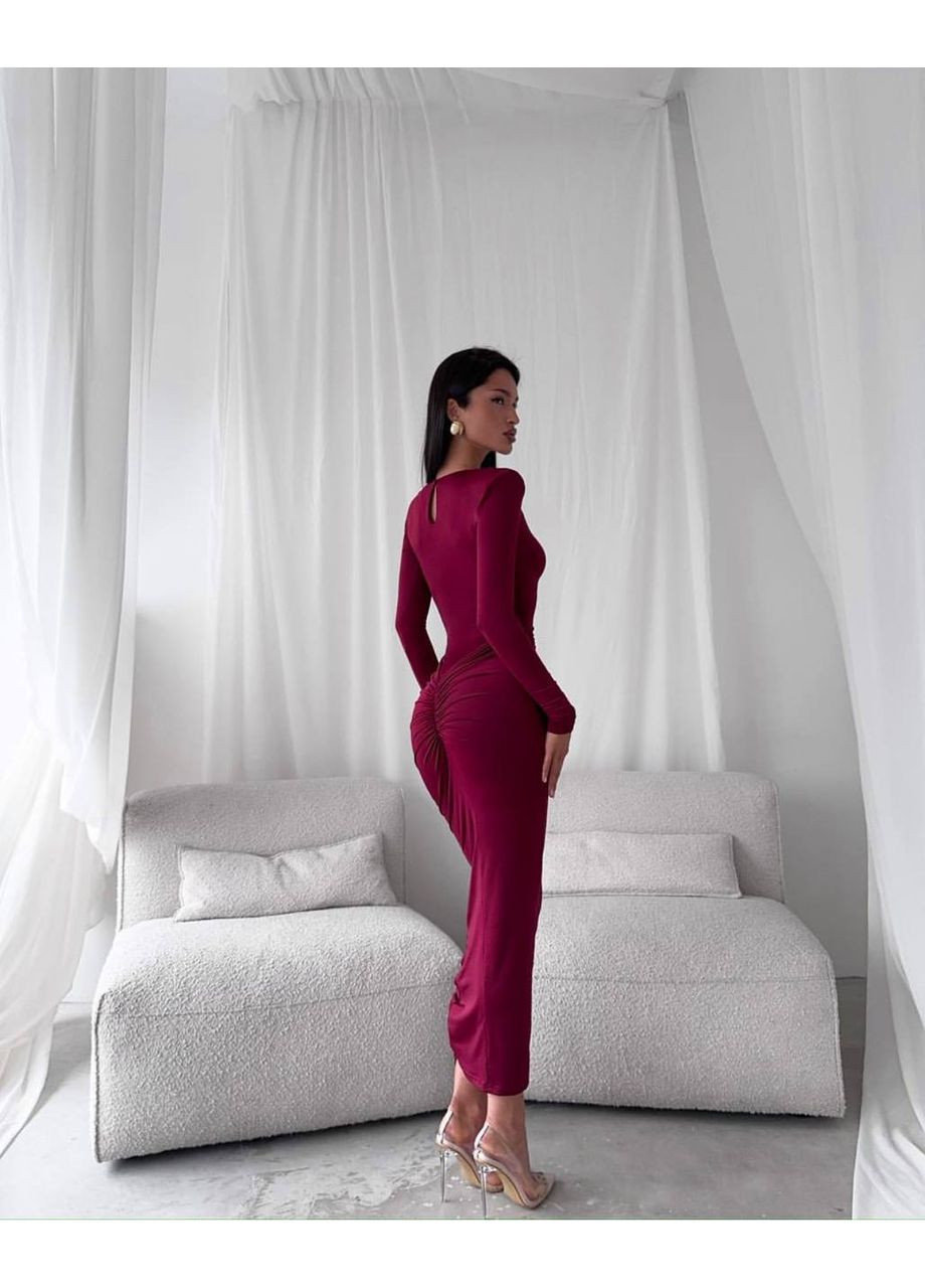 Бордова святковий жіночна максі-сукня з драпіруваннями — заміри в описі силуетна DK/DL Мода без кордонів однотонна
