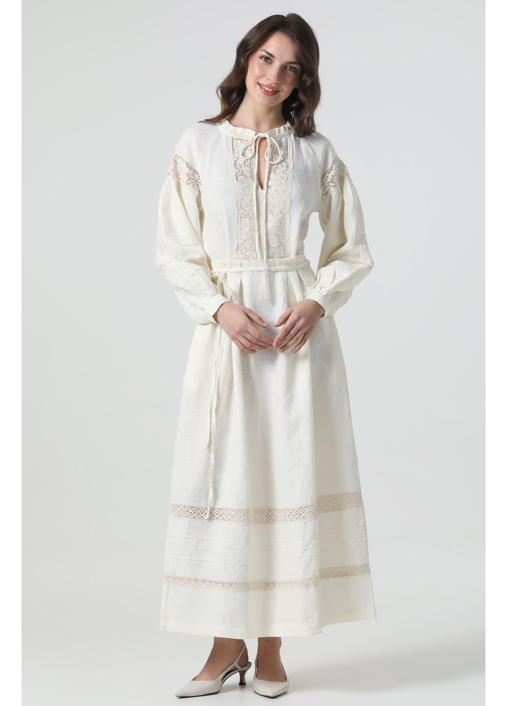 Бежева лляна максі сукня з мереживом та поясом однотонна полін., р., код 00002/42/1330 ГАЛЕРЕЯ ЛЬОНУ