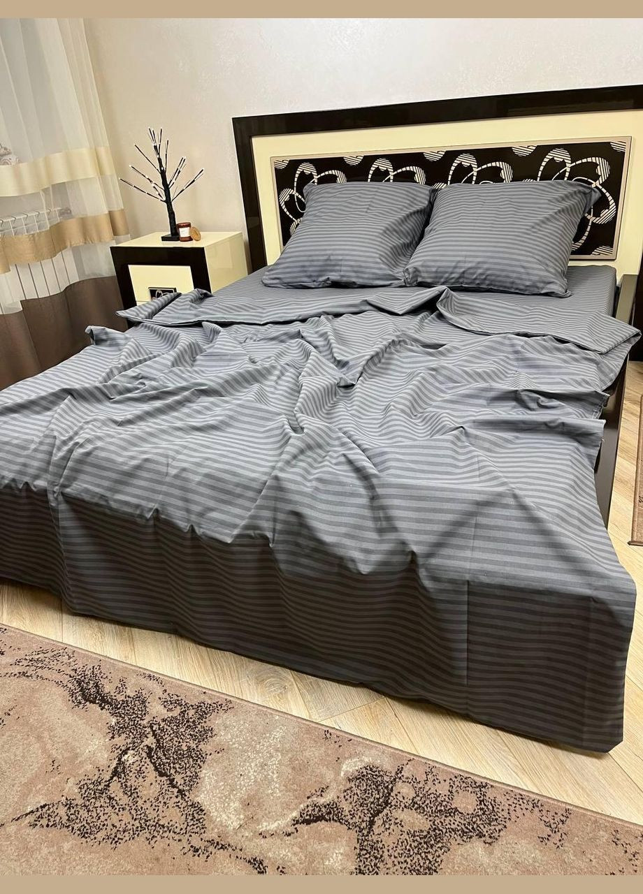 Постільна білизна бавовняна в Смужку Двоспальна Простирадло на гумці 180x200х20 Бязь Сіра 70 х 70 No Brand (278634829)