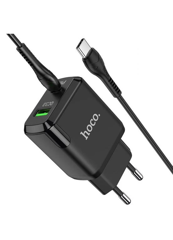 Зарядний пристрій для телефону з швидкою зарядкою + кабель Type-C N5 |2USB, 20W/3A, QC3| Чорний Hoco (337351984)