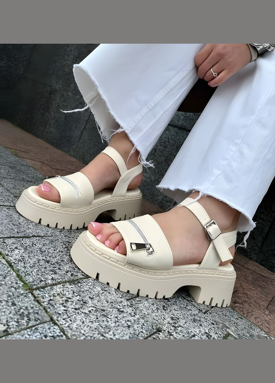 Жіночі шкіряні босоніжки на платформі 1429 Бежеві Seven (331431464)