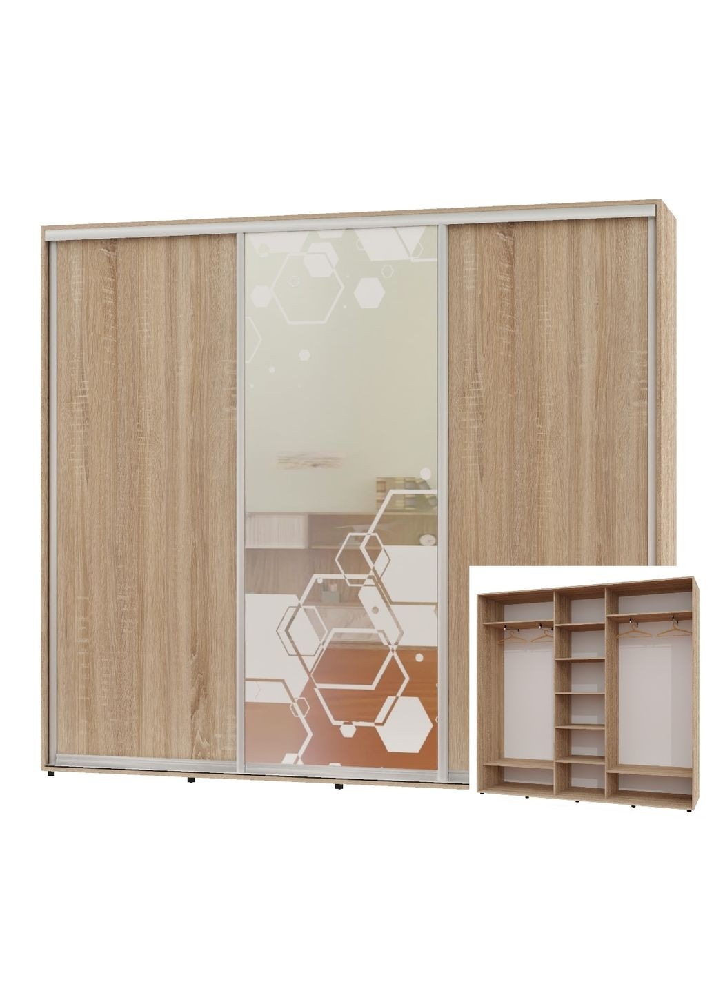 Шафа-купе тридверна 270*45*230 Дуб Сонома 2 ДСП/Дзеркало з піскострумним малюнком ШК-04 Алекса (360477883)