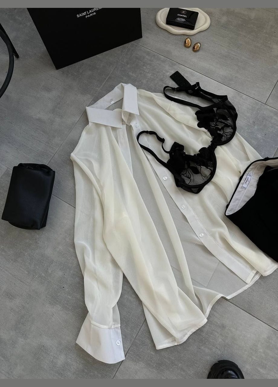 Молочная классическая, кэжуал рубашка однотонная No Brand с коротким рукавом