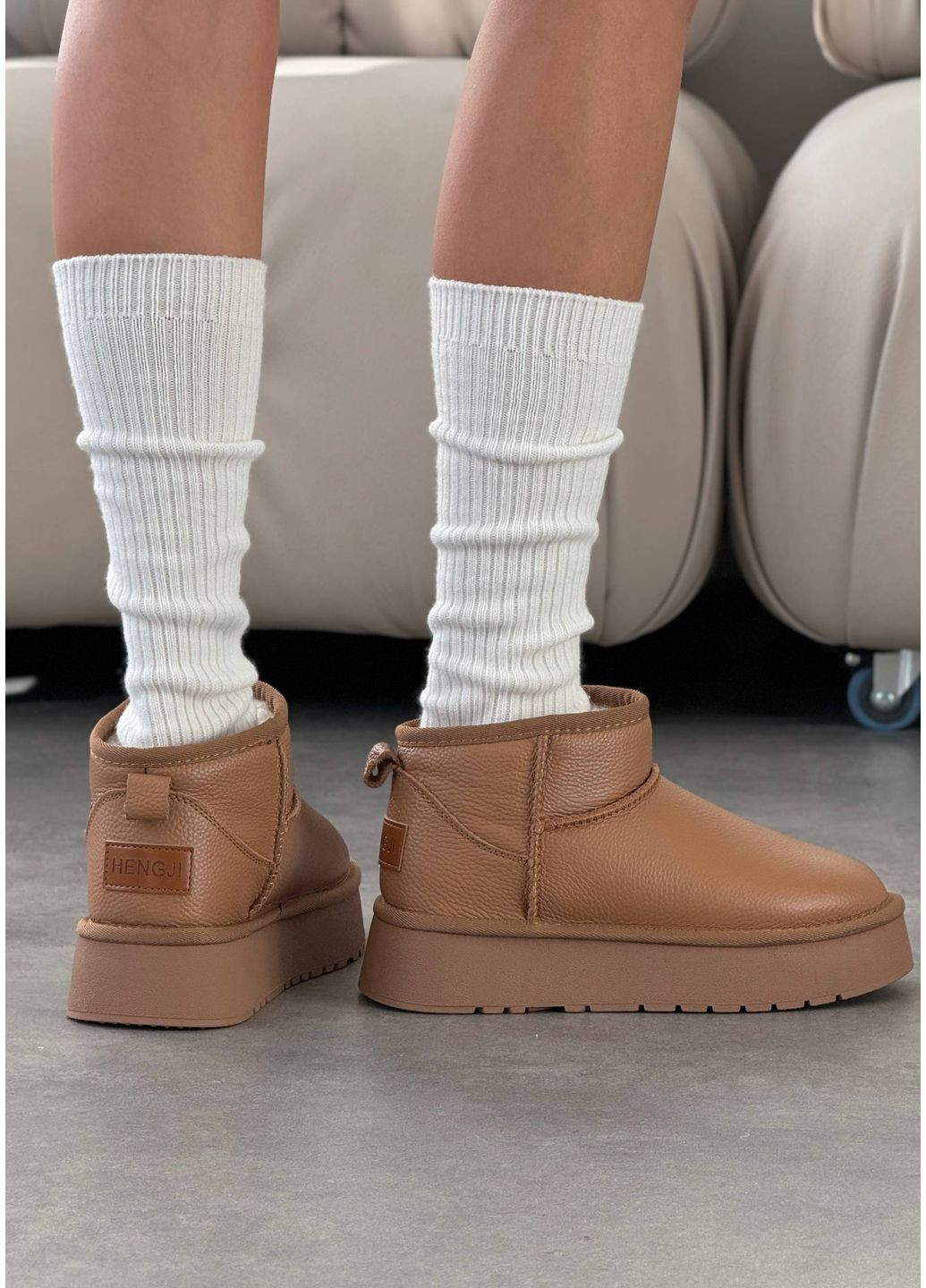 Угги женские кожаные на платформе короткие рыжие (2164) No Brand (361930418)