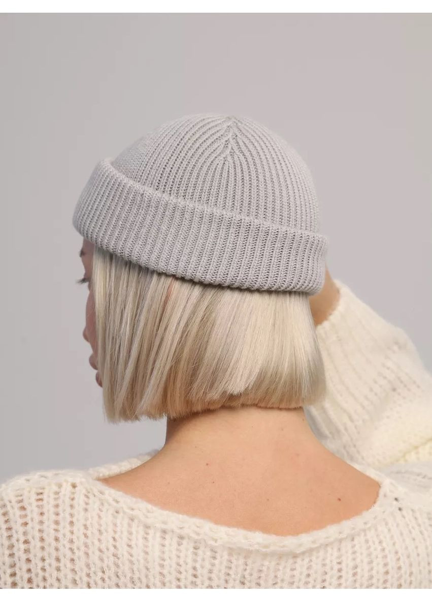 Унисекс шапка мини-бини с отворотом двойная вязка, универсальный размер STD (366343565)