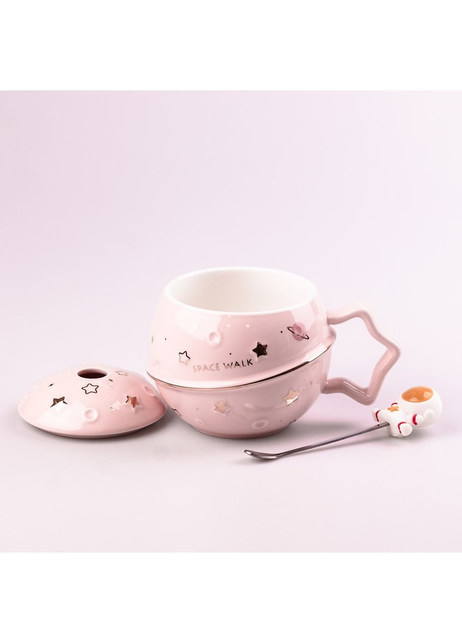 Чашка керамічна Space Walk 400мл з кришкою і ложкою Рожевий Happy Life (361254465)