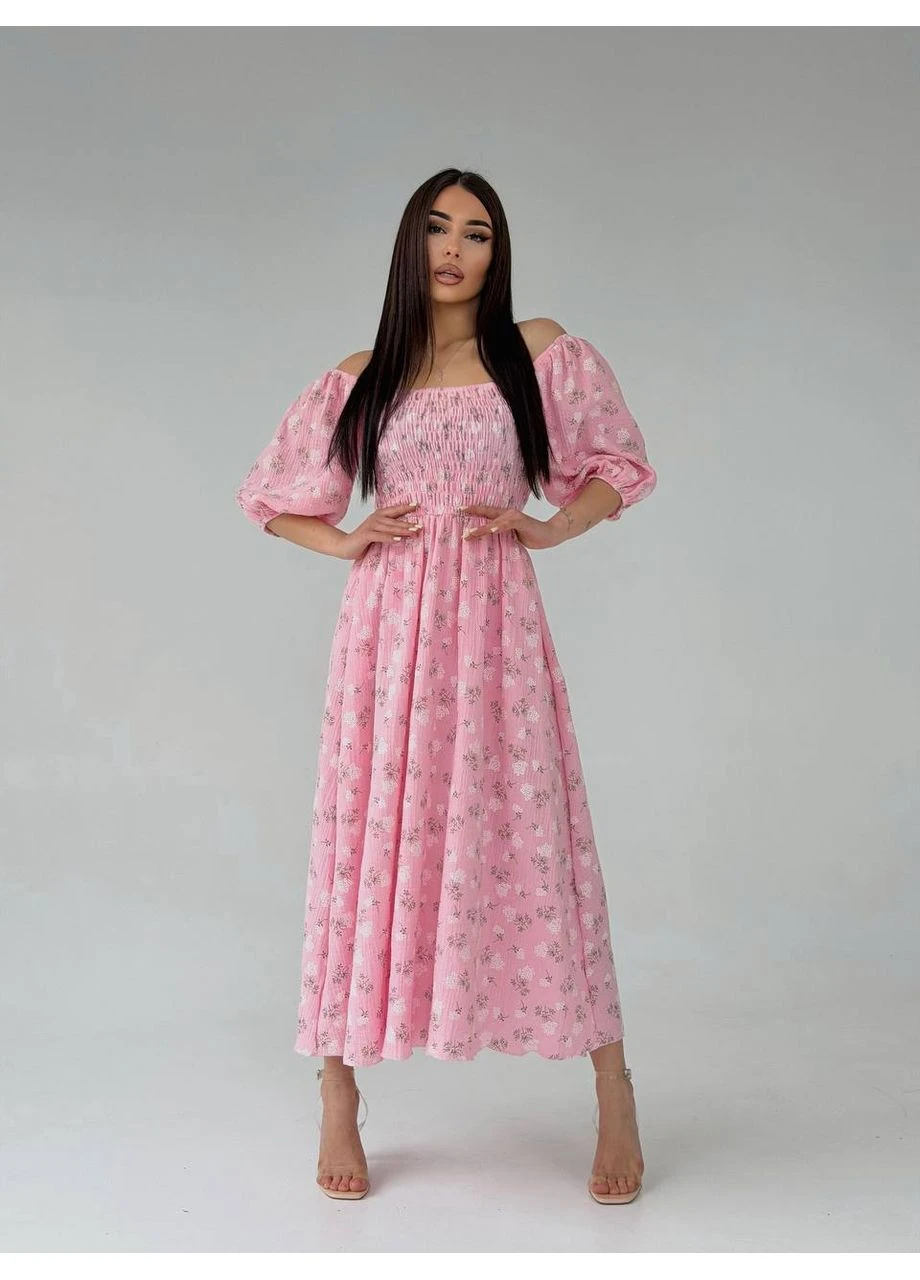 Пудрова сукня легка мiдi з муслiна пудрового кольору 37880 кльош Fashion з квітковим принтом