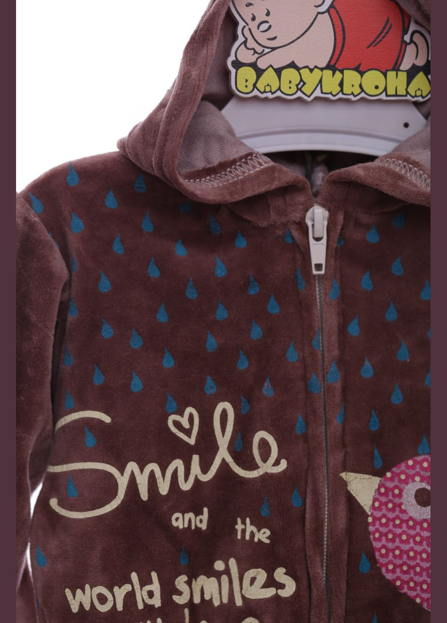 Бежевий демісезонний костюм з довгим рукавом для велюрової дівчинки з пташкою коричневий 68 см (37203) BABYKROHA