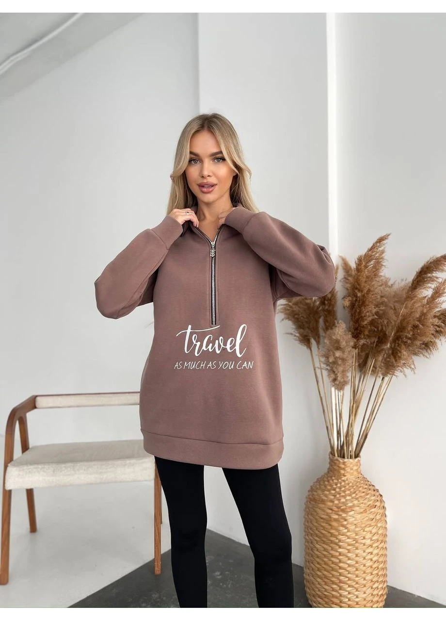Кавовий жіночий подовжений світшот на флісі Fashion (364486141)