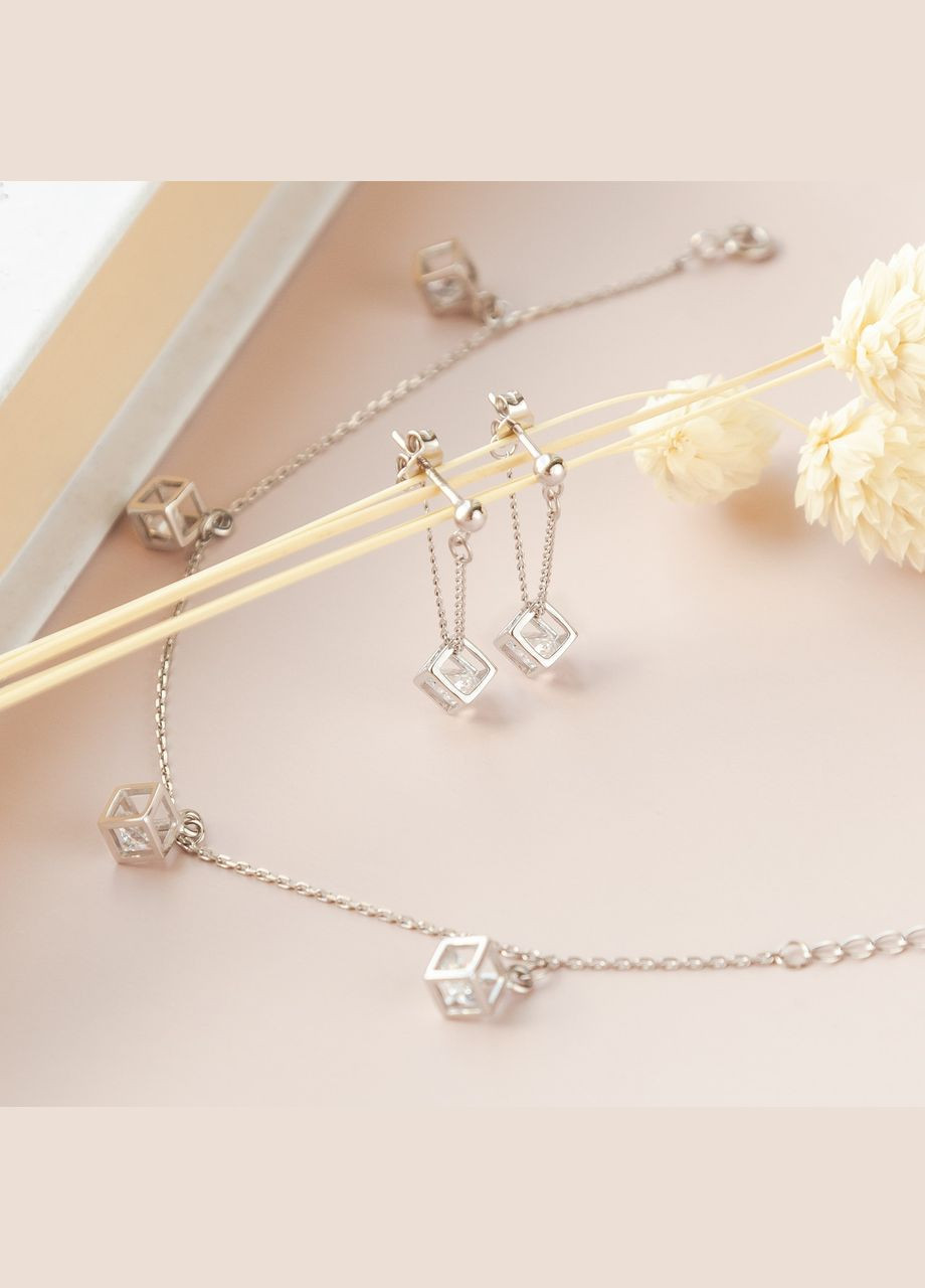 Комплект срібний Куби з білими фіанітами сережки пусети та браслет No Brand (362177205)