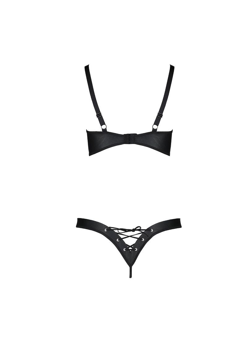 Комбинированный демисезонный комплект из экокожи celine bikini s/m black открытый бра с лентами, стринги со шнуровкой Passion