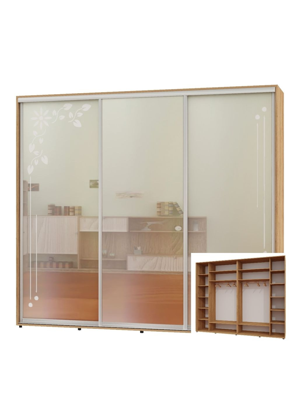 Шкаф-купе трехдверный 300*60*240 Дуб крафт золотой 2 Зеркала с пескоструйным рисунком/Зеркало Люкс-149 Алекса (360465027)