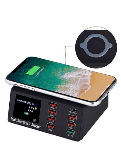 Мережна зарядна станція 8x USB та бездротова зарядка, PD QC3.0 LED,, 106707 No Brand WLX-X9 (372492672)
