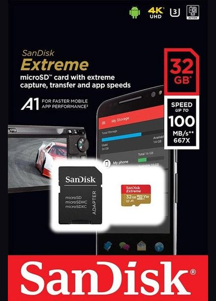 Картка пам'яті microSDHC Extreme Action A1 32 Gb UHS1 U3 V30 (R100MB/s, 667x) SanDisk (293346651)