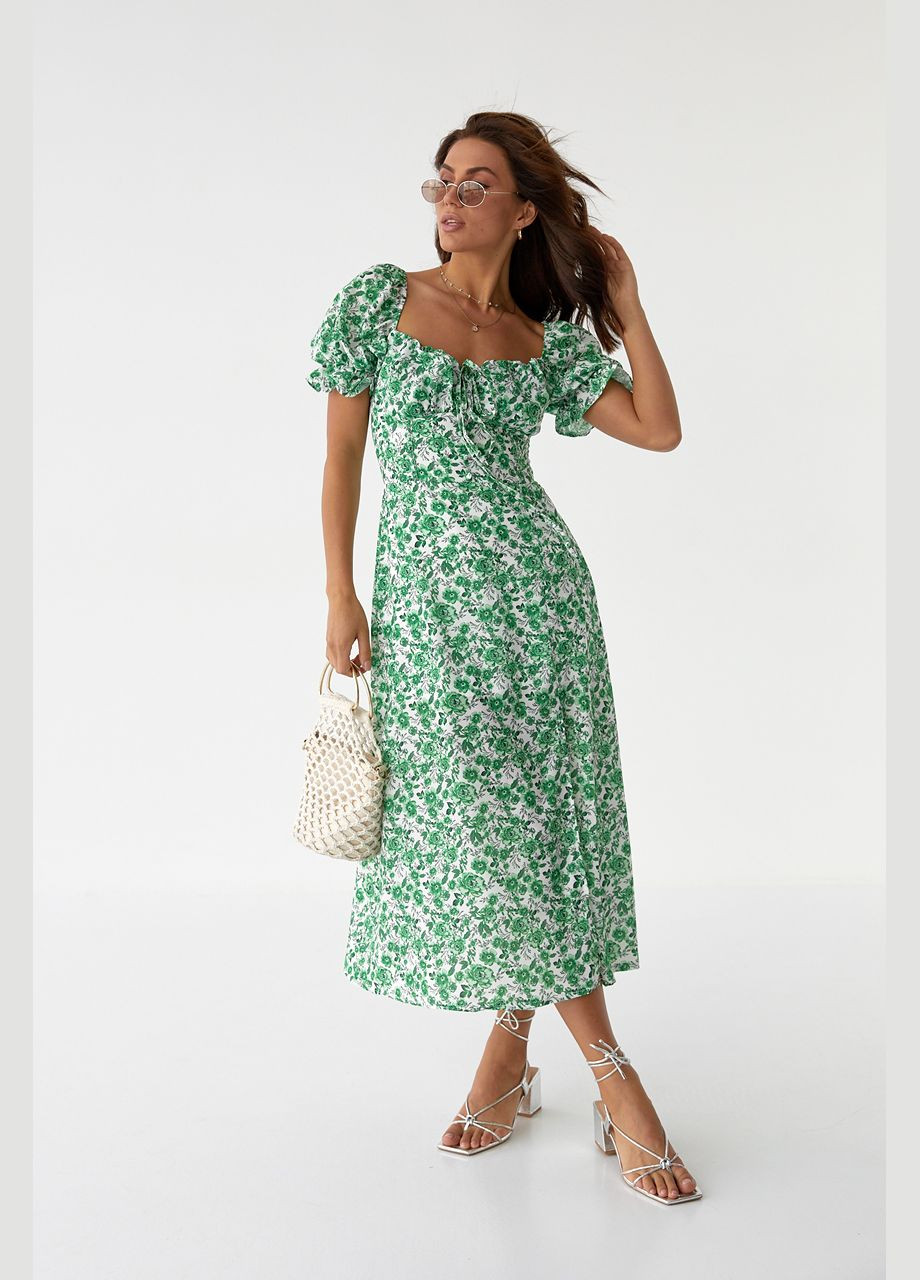 Зеленое повседневный цветочное платье миди с разрезом 2266 Lurex с цветочным принтом