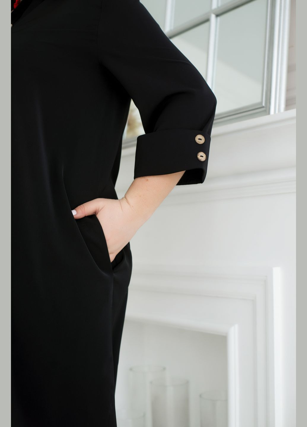 Черное деловое платье-рубашка с поясом рубашка No Brand однотонное
