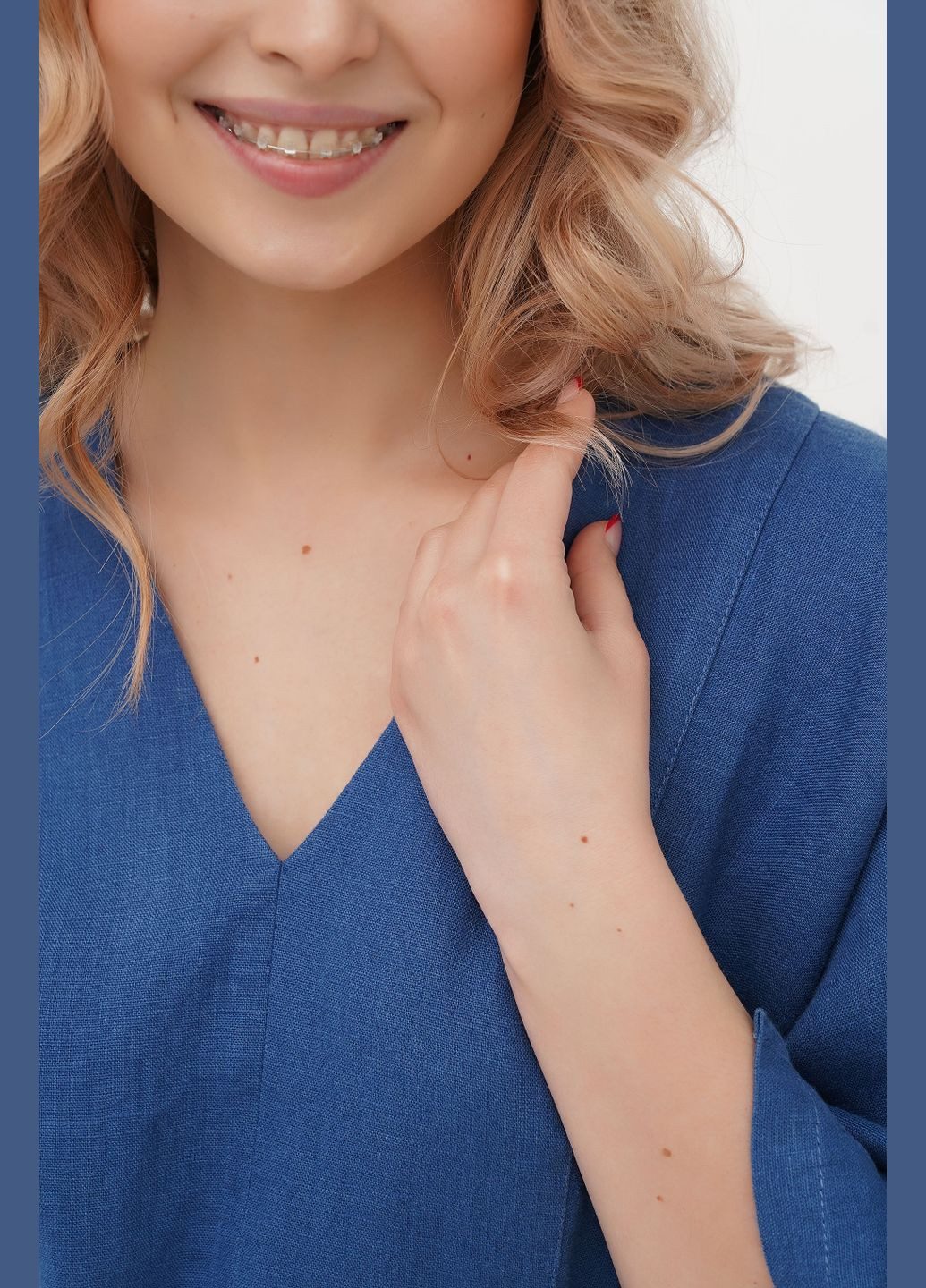 Синя лляна довга сукня бохо з трикутним вирізом та рукавом кімоно під пояс ронда., р., код 0311/52/1788 ГАЛЕРЕЯ ЛЬОНУ