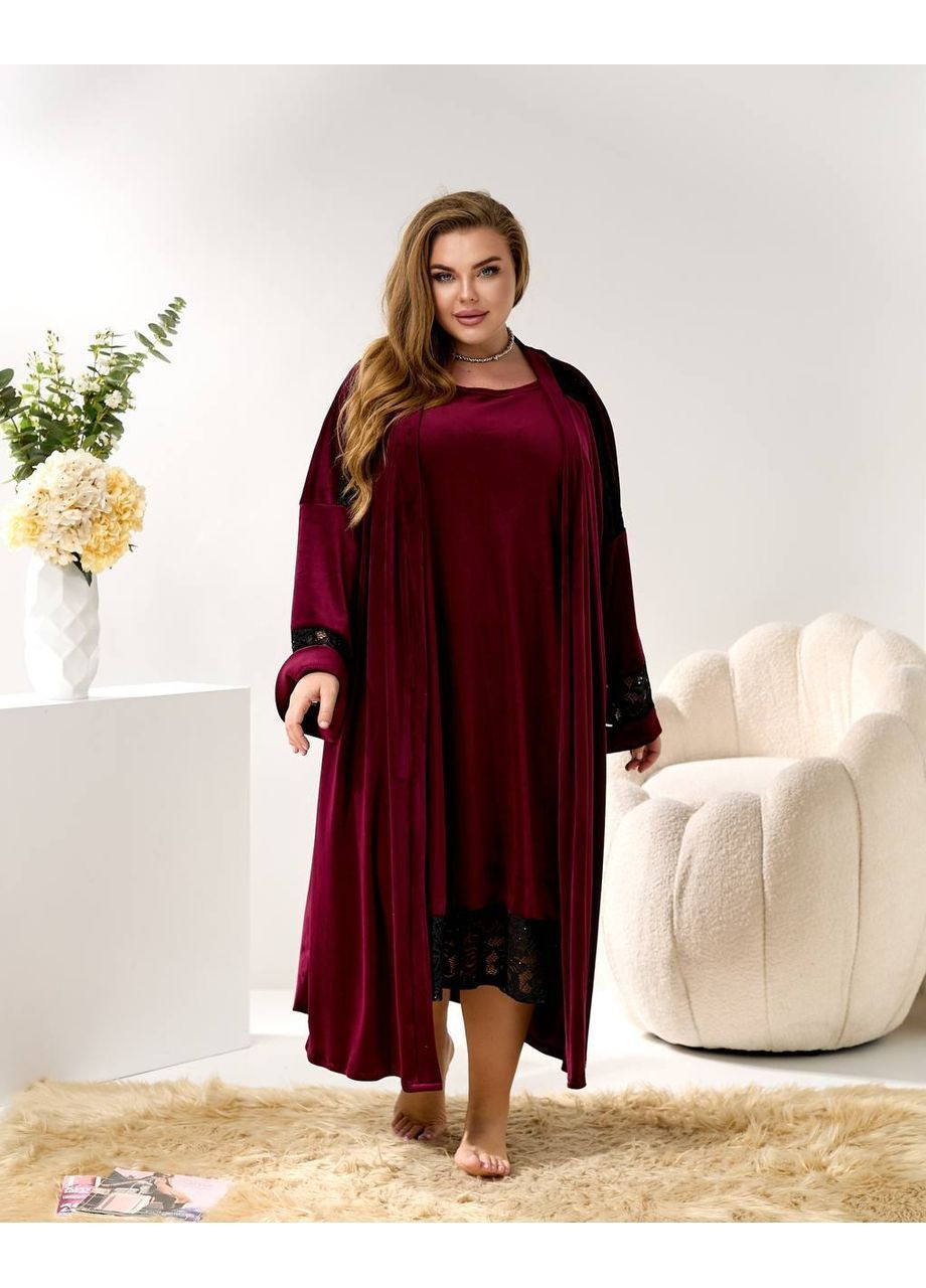 Бордова велюровий комплект нічна сорочка+халат Osoblyva