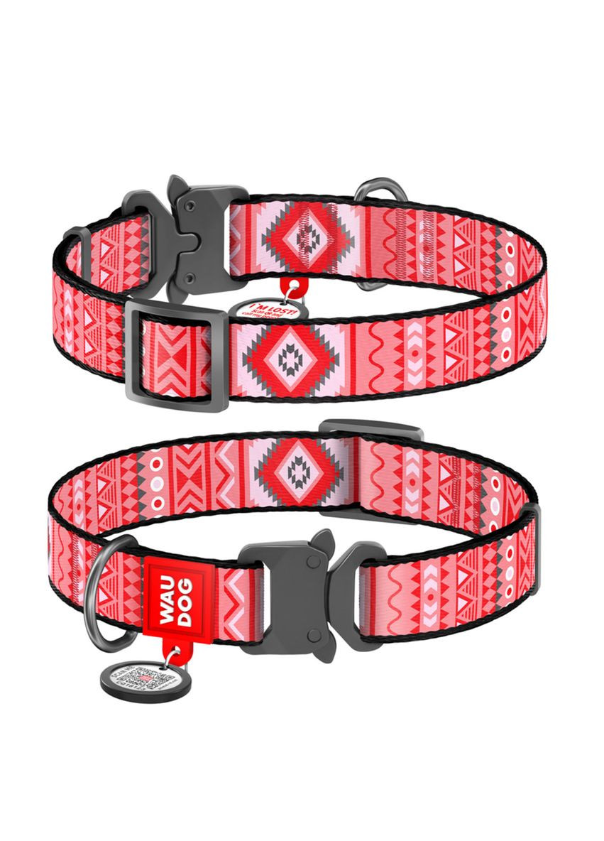 Ошейник Nylon c QR паспортом, рисунок "Этно красный", металлическая пряжка, Ш 25 мм, Дл 37-58 см WAUDOG (332878677)