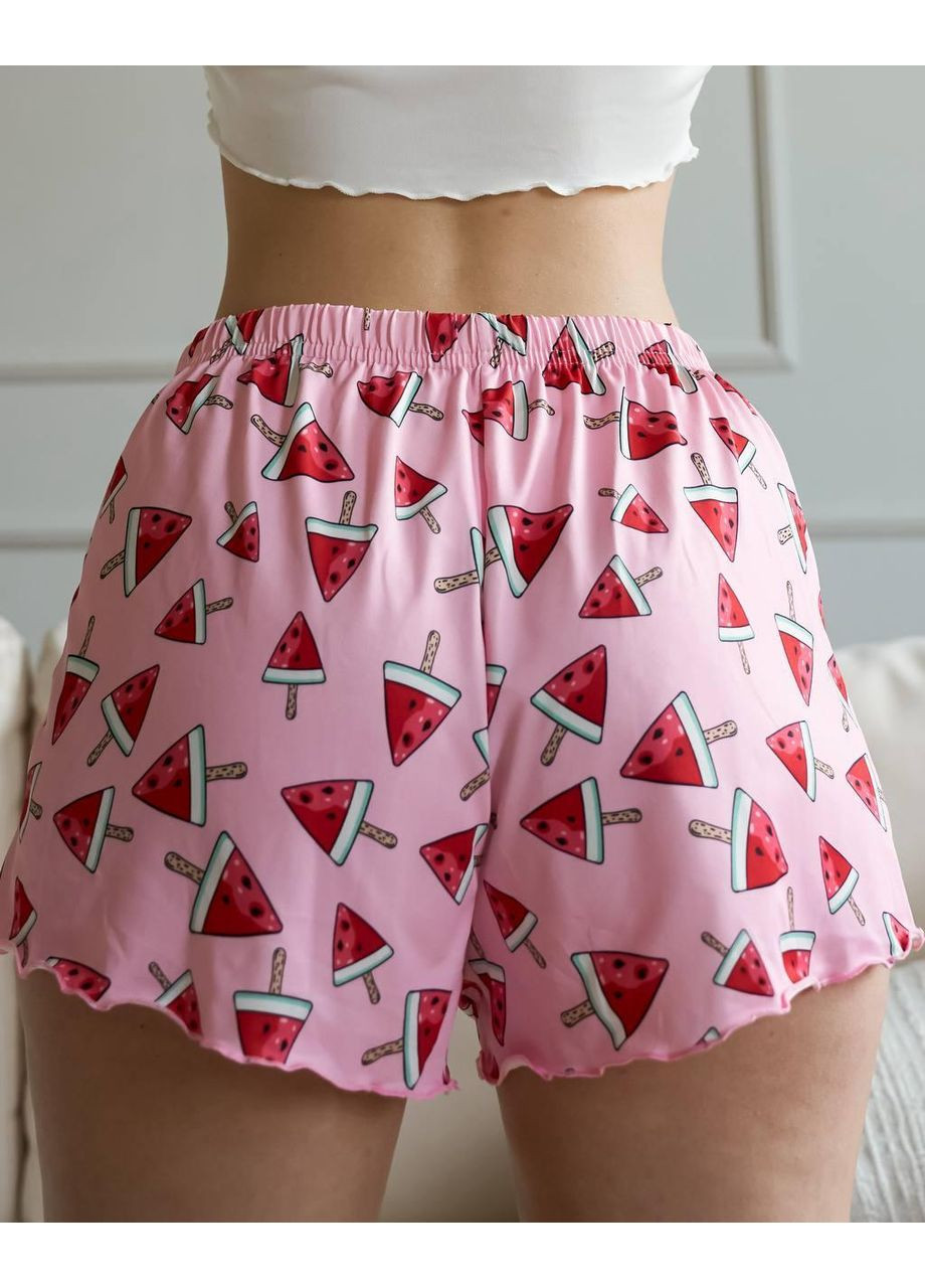 Комбінована жіноча піжама біла з рожевими шортами та принтом кавунів / жіноча піжама сатинова рожево-біла з малюнком фруктів / жіноча піжама No Brand