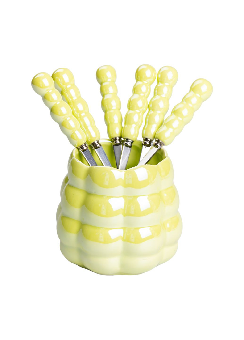 Набір десертних виделок та ложок з керамічною підставкою, зелений Yiwu (323641347)