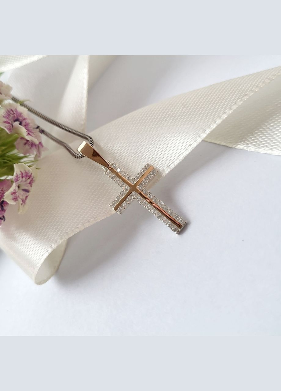 Срібний Хрестик прямий хрест із білими каменями срібло 925 проби із золотою пластиною 375 проби 1050 1.24г No Brand (308252945)