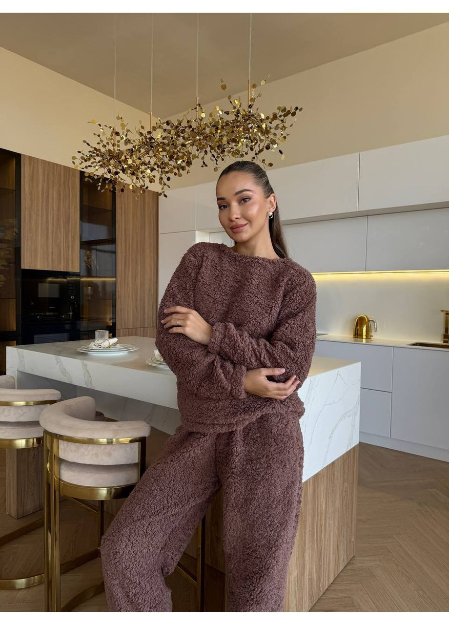 Коричневая пижама теплая махра тедди,штаны и кофта Україна