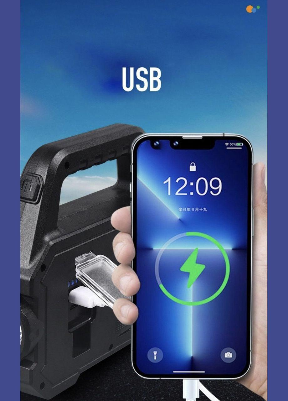 Акумуляторний LED ліхтар Power Bank із сонячною панеллю, Power Bank і бічна 2COB лампа USB No Brand (348118929)