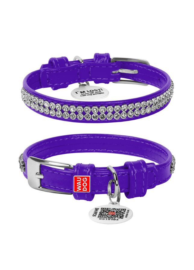 Ошейник для собак кожаный Glamour с QR паспортом, с украшением "Полотно стразы",, Ш 12 мм, Длин 21-29 см фиолетовый WAUDOG (322001636)