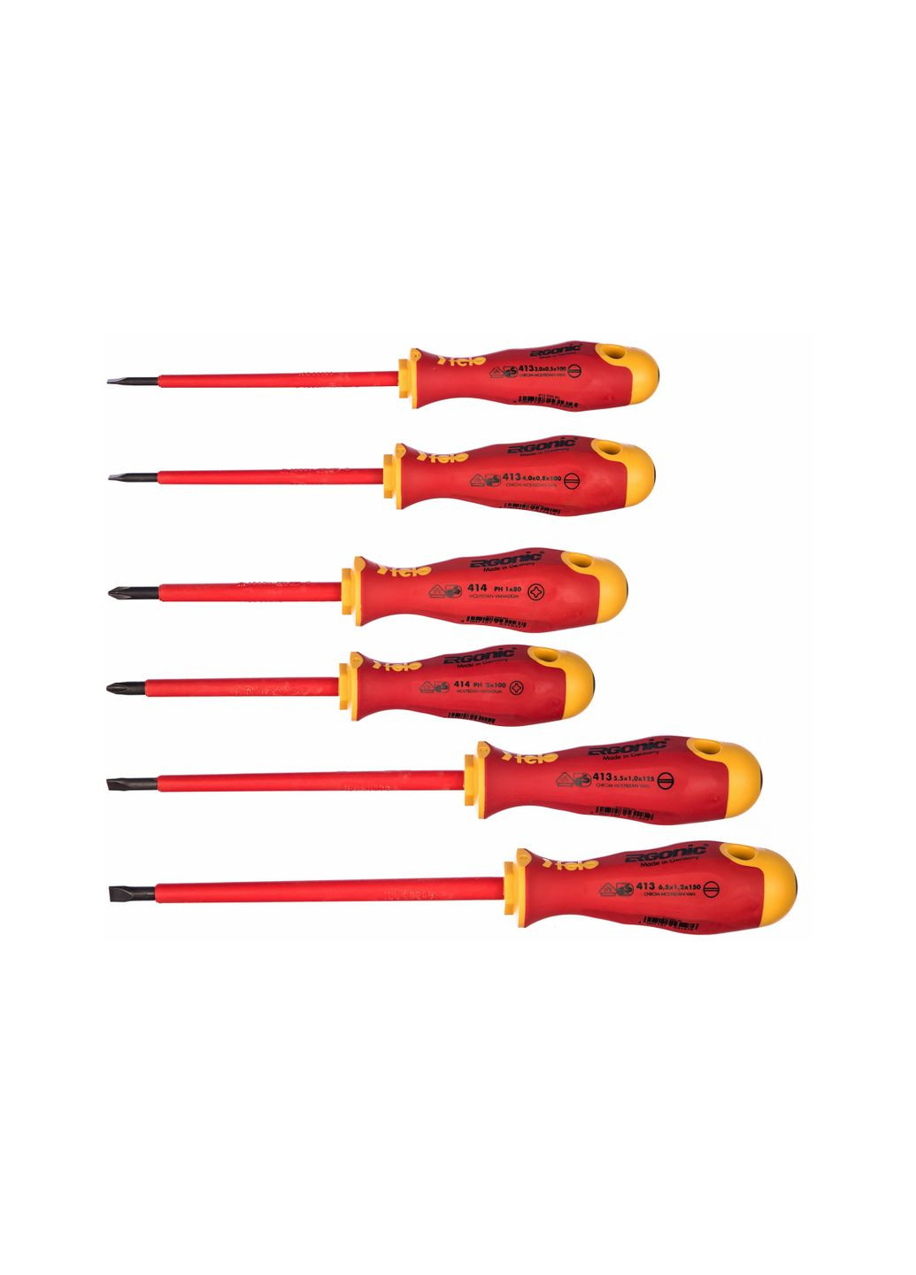 Набір діелектричних викруток Ergonic 1000V 3,0/4,0х100/5,5х125/6,5х150/Ph1x80/Ph2x100, CrMoV сталь 41396198 (11119) Felo (295037160)